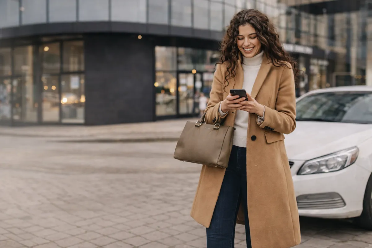 Femme souriante qui vend sa voiture avec Shopicar